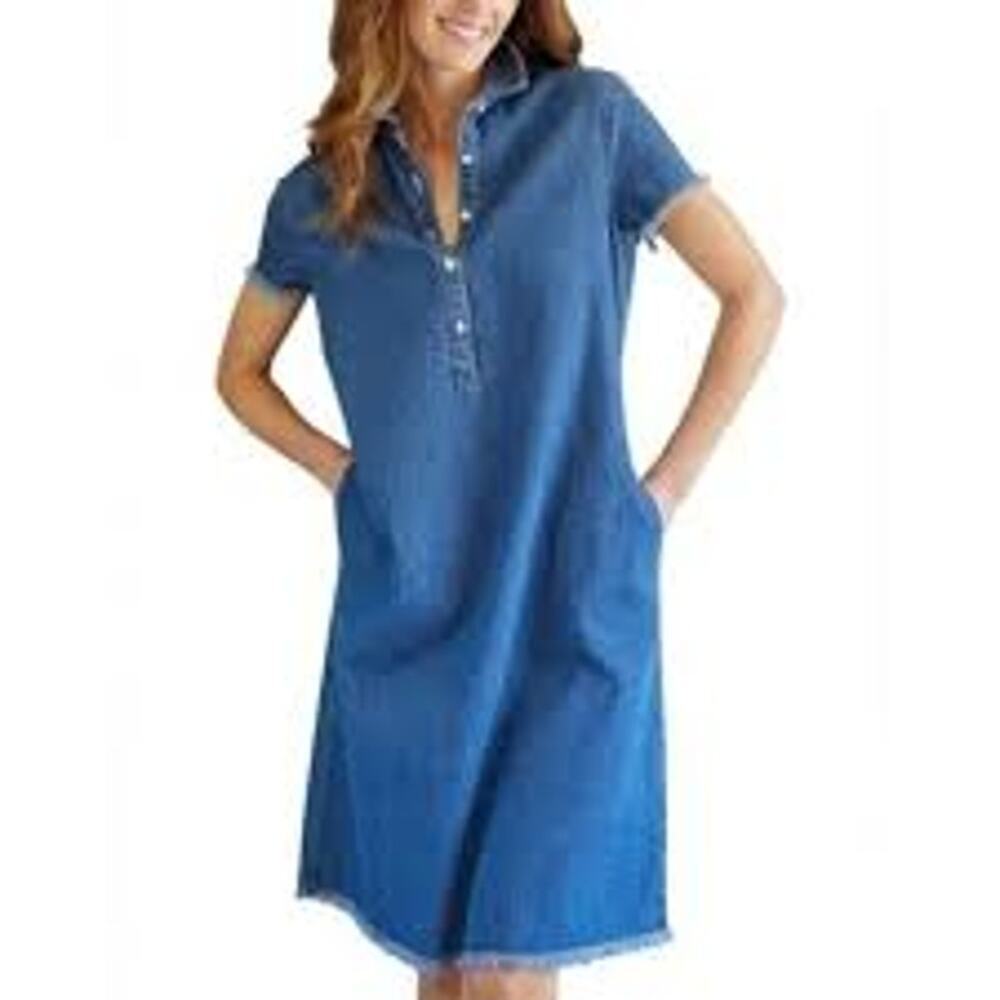 J. Mclaughlin Size XS Jones Popover Frayed Denim Dress Blue Cotton Short Sleeves